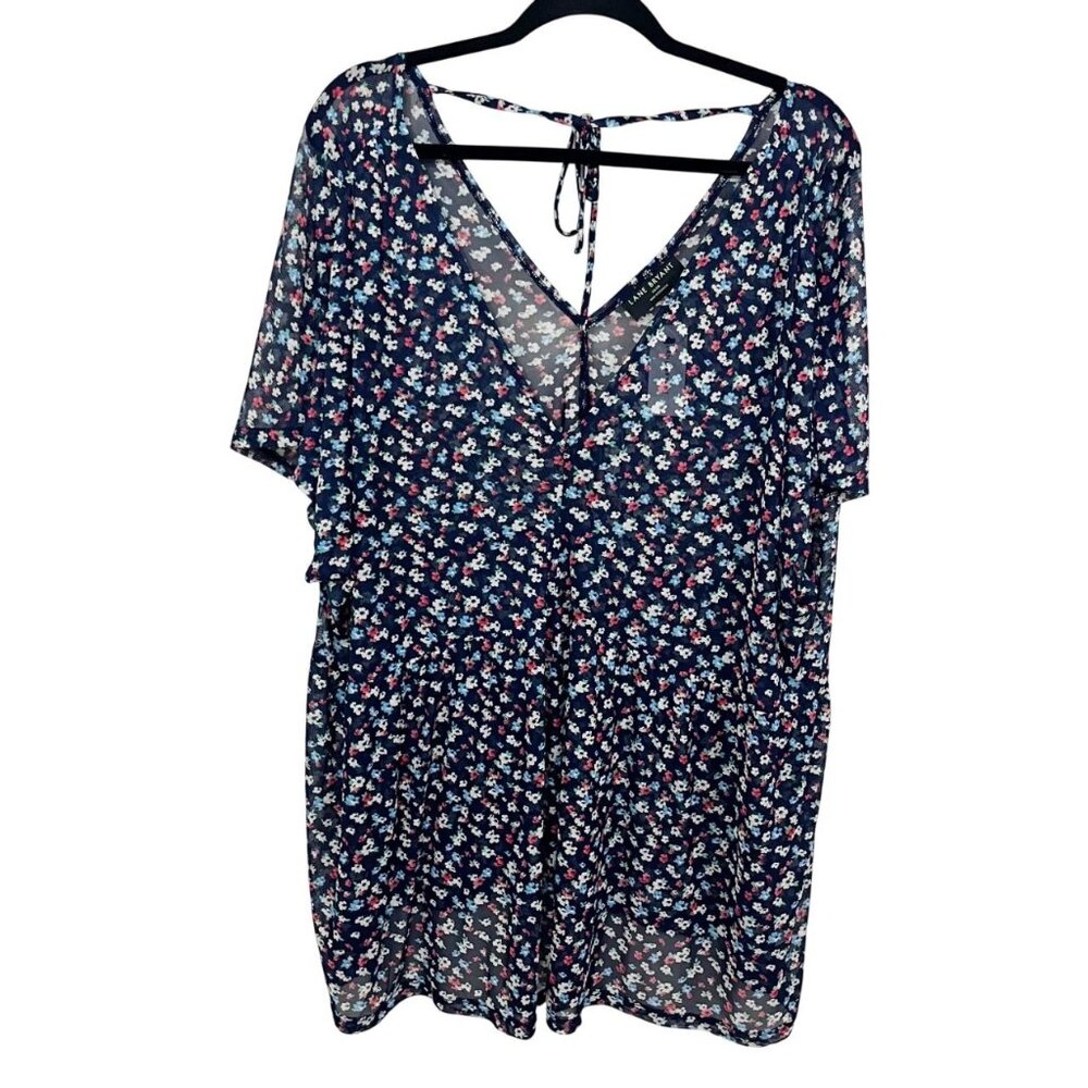 NEW Lane Bryant Navy‎ Blue Ditsy Floral Mesh Short Sleeve Top - Size 26/28